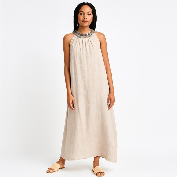 120% Lino Chic Holiday Tan Linen Maxi Dress Embellished Beaded Neckline Sz  EU 46 - www.threedaughtersproperties.com